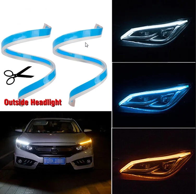 

2PCS 2x60cm Car Slim Flexible Daytime Running Lights 12V Turn Signal DRL Running Light Yellow Flowing Headlight LED Strip Light