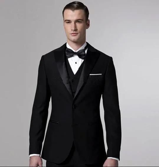 

Men Suit Fashion Black Two Button Peak lapel Groom TuxedosBestMan Groomsmen Prom Suits Men Wedding Suits(Jacket+Pants+vest+Tie)