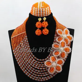 

Pretty African Crystal Beads Jewelry Set Luxury 10 Rows Nigerian Wedding Bridal Necklace Set Orange/White Free Shipping ABL287