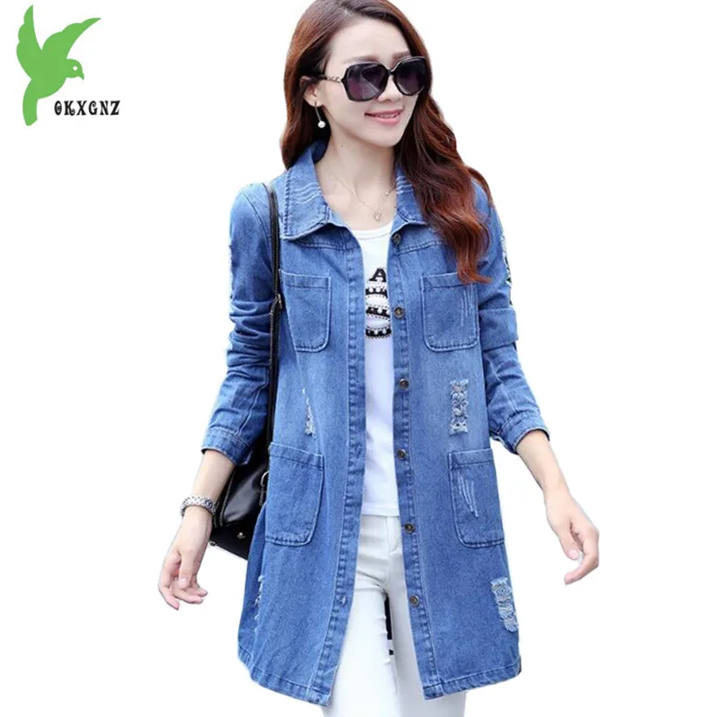 

Plus size 5XL Women Spring Autumn Denim Trench Coats New Medium length Cowboy Windbreaker Casual Tops Loose Outerwear OKXGNZ1422
