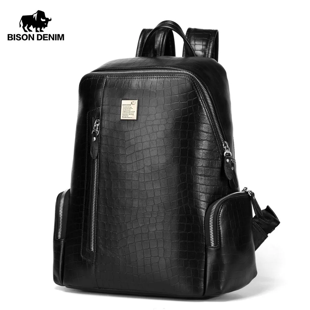 

BISON DENIM Genuine Leather 14" Laptop Backpacks School Backpack Male Travel Backpack Cowhide Crocodile Pattern N2365
