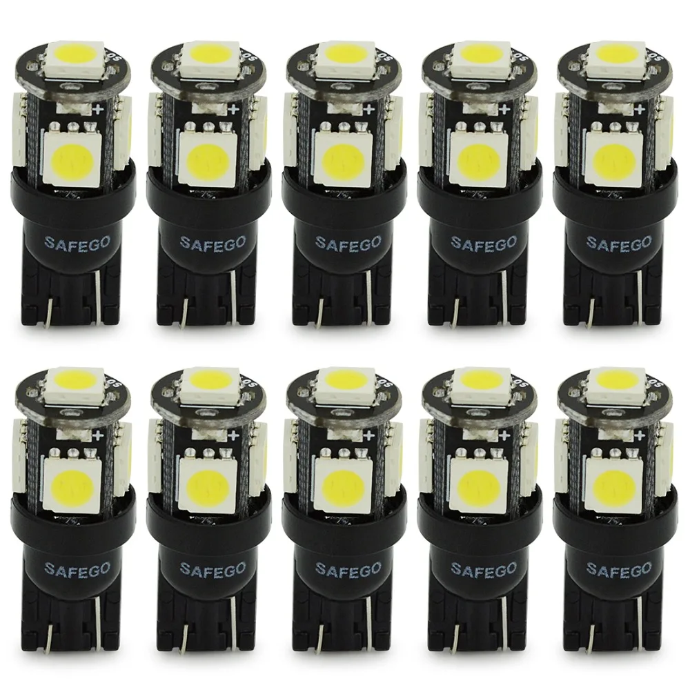 Safego 10 шт. T10 LED W5W 5 SMD 5050 супер яркий белый 194 168 2825 клиновидный светодиодный