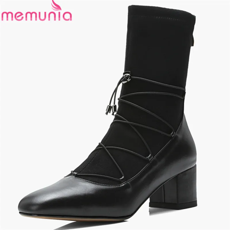 

MEMUNIA 2020 top quality genuine leather boots women cross tied zipper ankle boots square heels autumn boots dress shoes woman