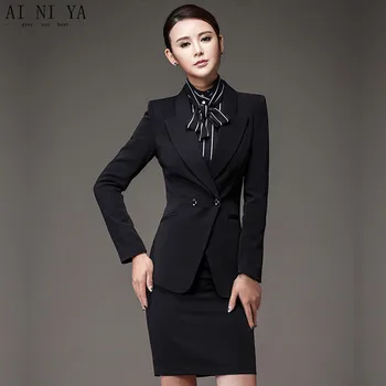 

New Women Skirt Suits Black Elegant Autumn Formal Wear To Work Office Business Slim OL Jacket blazer & Skirts Suit 2 Piece Sets