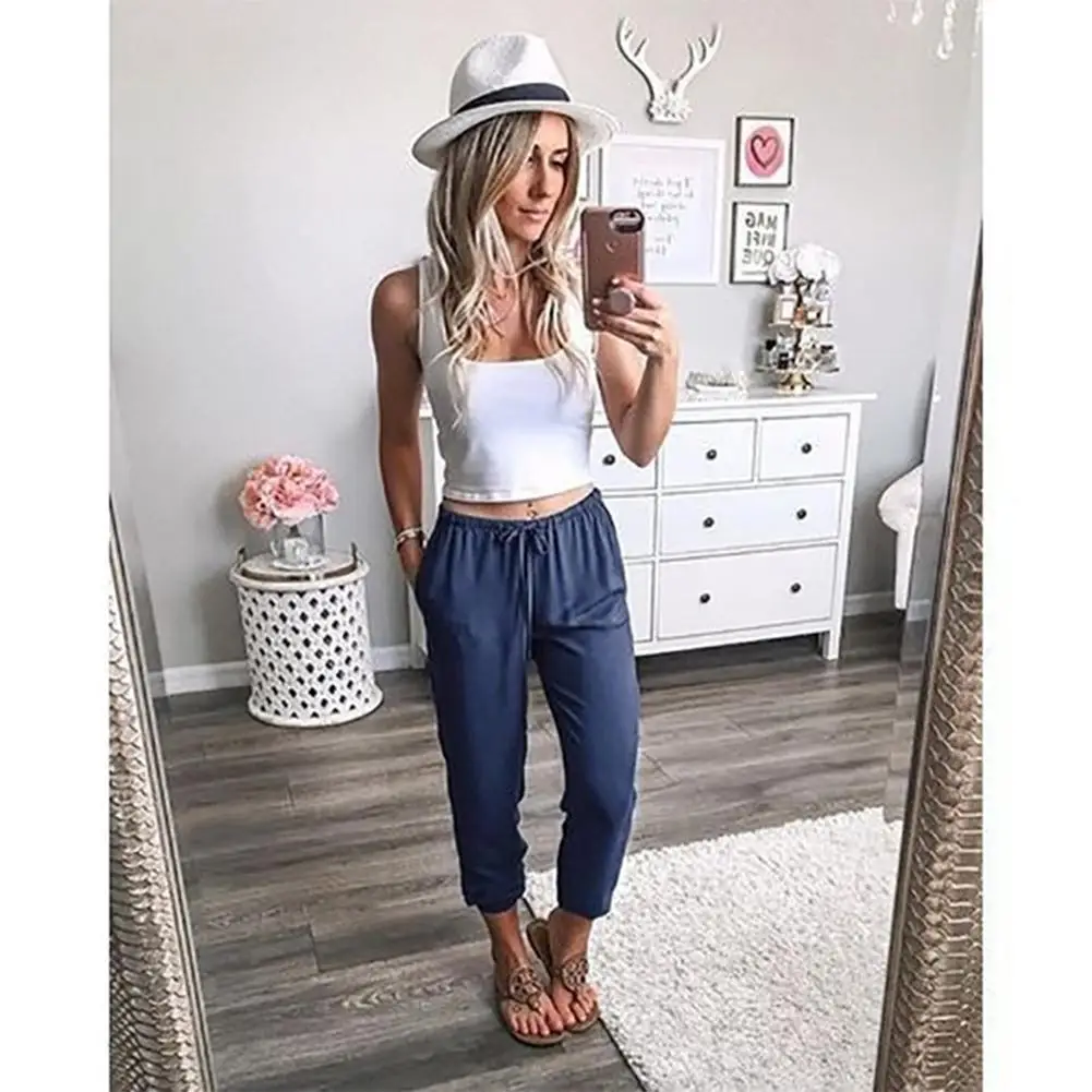 2019 New Yfashion Women Breathable Solid Color Trousers Low-waist Slacks