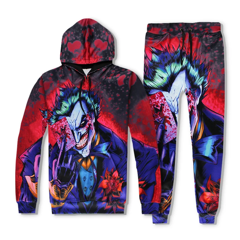 2017 new dark Knight Joker 3d Hoodies+pants 2 piece funny comics character joker with poker 