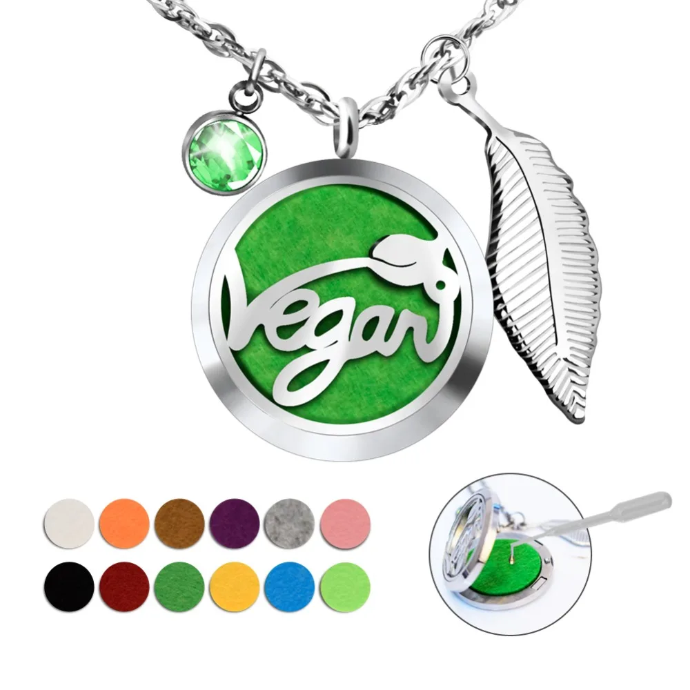 

SOITIS Aromatherapy Essential Oil Diffuser Locket Pendant Necklace Vegan Letter Green Zircon Leaf Design Stainless Steel Jewelry