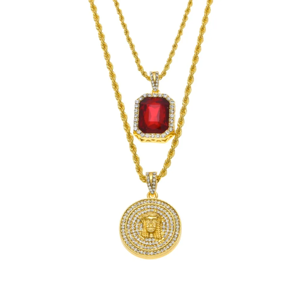Men's Iced Out Hiphop Mini Red Blue Black Stone Pendant And Mini Jesus Head Bling Baby Angel Piece Wings Penadnt Necklace Set