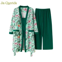 Домашняя одежда для женщин хлопковые пижамы наборы для женщин 3 шт. милые корейские пижамы Xxl Xxxl халат Пижамный костюм зеленый цветочный принт пижамы