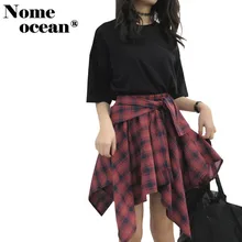 Поддельные Двойка клетчатые юбки для девочек лето эластичный пояс с длинными рукавами связали мини-юбка низкий-высокий развертки юбка m18040810