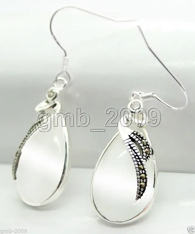 

FREE SHIPPING>>> Latest Fashion 15*26mm clear white opal 925 Sterling Silver Marcasite Earrings