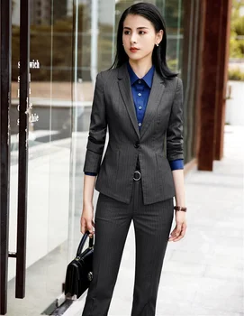 

High Quality Fabric Fashion Striped Pants and Jackets Sets Women Business Suits OL Styles Female Office Work Wear Pants Suits