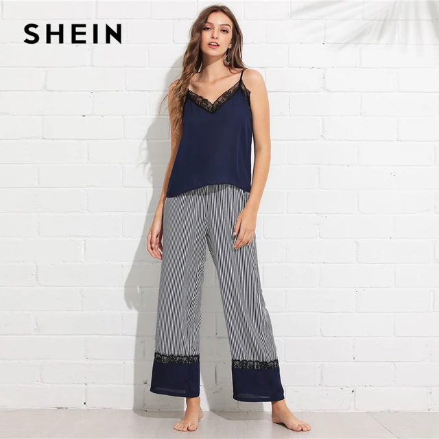SHEIN Multicolor Casual Lace Trim Cami Top and Wide Leg