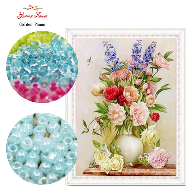

Golden Panno,beads,Needlework,DIY,bead Cross stitch ,Embroidery stitch,Precise Printed painting,floral Pattern cross,vase
