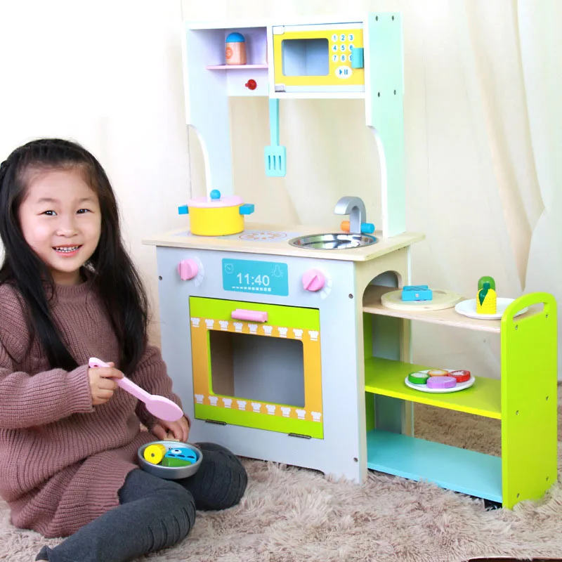 

Wooden kitchen children's toy simulation kitchen imitate chef light Kitchen Sets Kindergarten Role Playing Baby FUN game