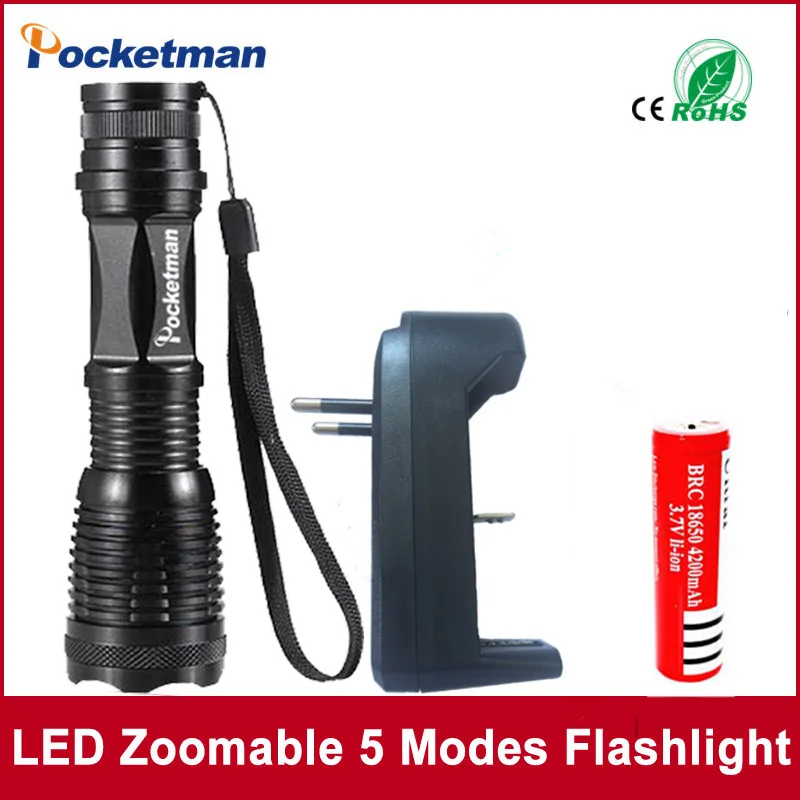 

zk50 XM-L T6 4000LM e17 high power led torch lantern zoomable led flashlight + 2*18650 Battery + Charger Free Shipping