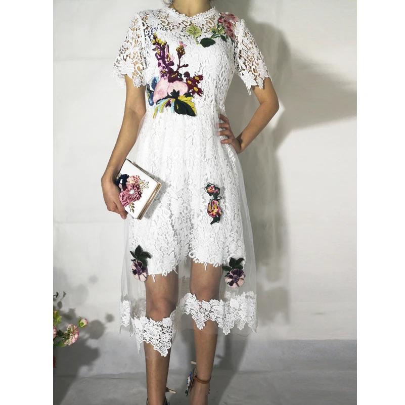 

High quality summer dress 2019 woman party night dress Lace mesh embroidered appliqued Mid-Calf white dress