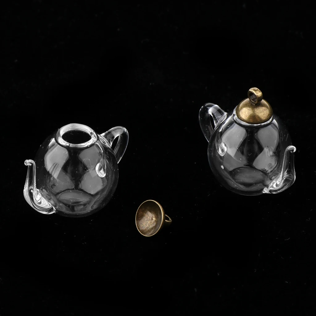 2Pcs Mini Teapot Empty Glass Wishing Cap Bottles Vial Pendant Charms Craft DIY
