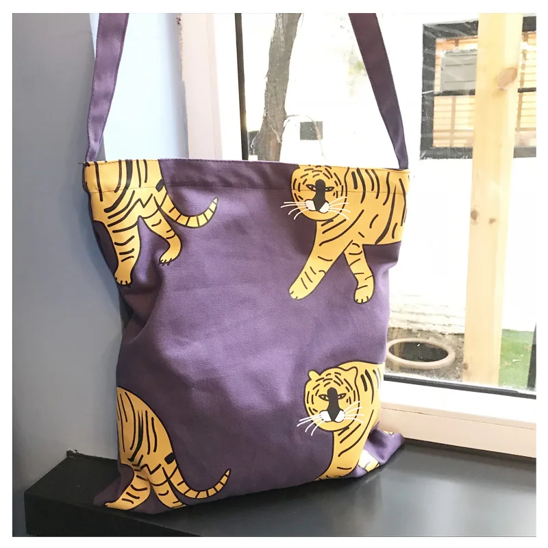 

NEW Purple Cotton Canvas Eco Shopping Tote Cross Body Strap Messenger Print Tiger CY03