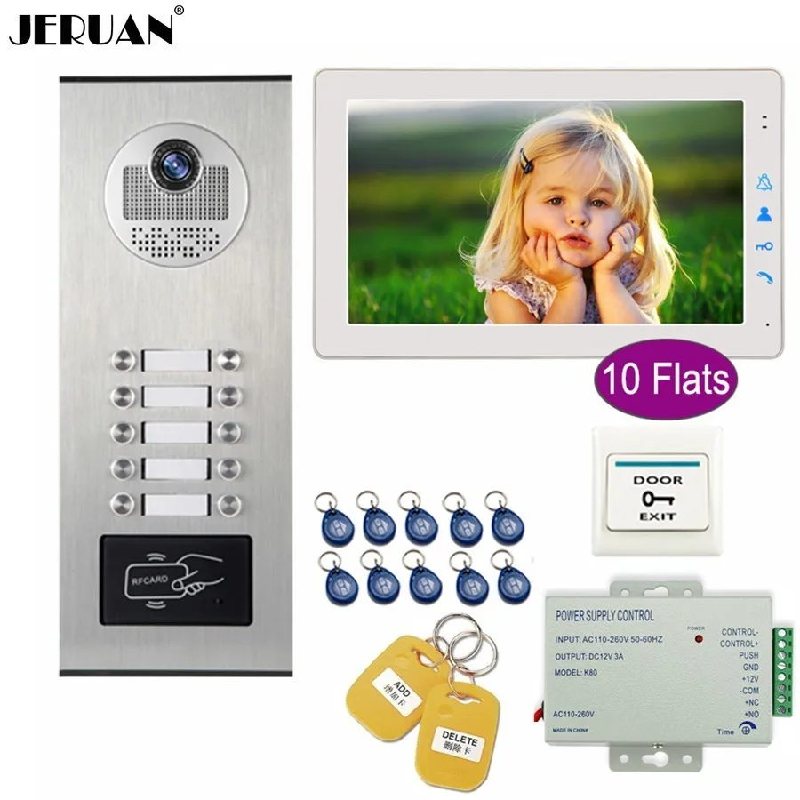 JERUAN Apartment 9 inch Touch key LCD Video Door Phone Doorbell Intercom System Kit HD RFID Access Camera For 10 Households |
