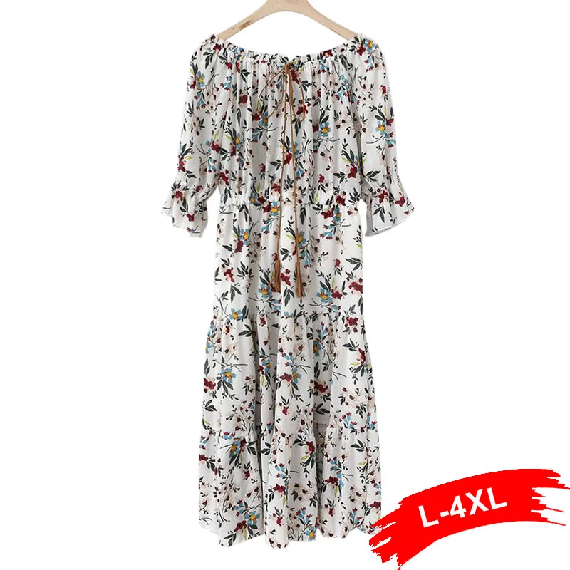 

Plus Size Floral Print Off Shoulder Summer Dress 4Xl 5Xl Women Sash Elastic Waist Boho Long Beach Casual Dress