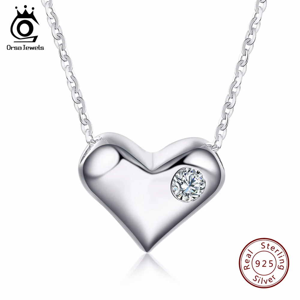 

ORSA JEWELS Pure Smooth 925 Silver Love Heart Pendant with Charm Zircon Genuine Sterling Silver Necklace for Women SN33