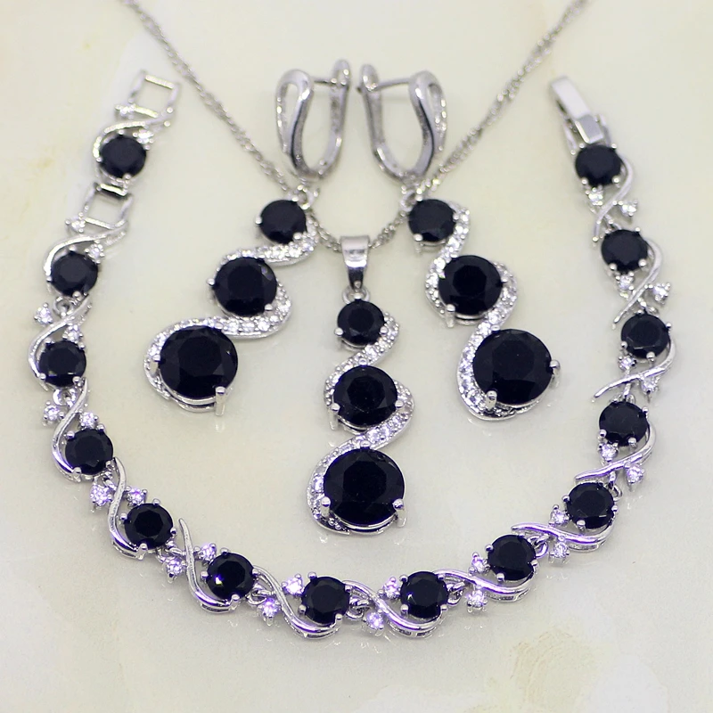 

Trendy Round Shaped Black Zircon White CZ 925 Sterling Silver Jewelry Sets For Women Wedding Earrings/Pendant/Necklace/Bracelet