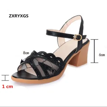 

HOT Summer Women Sandals 2019 New Ladies Wild Sexy Rhinestone Hollow Mesh Genuine Leather Sandals Thick with High Heeled Sandals