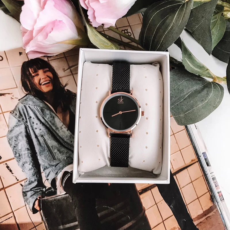 Shengke черные часы женские брендовые Роскошные Кварцевые часы из нержавеющей стали Reloj Mujer SK женские наручные часы Montre Femme