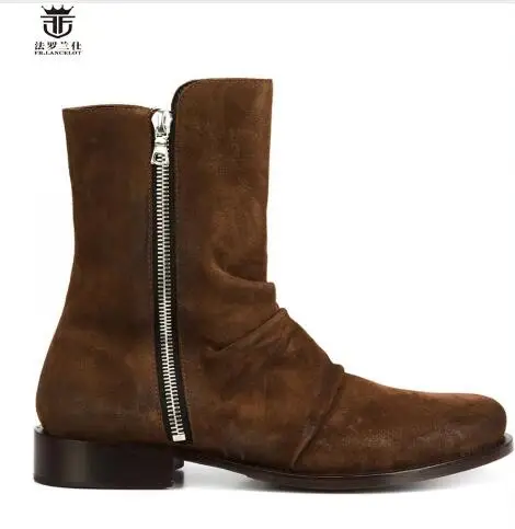 Fr.Lancelot Pleated Luxury Suede 3 Colors Men Boots Ankle Short Booties Low Heel Square Heel Shoes Men Trainers Chelsea Zip