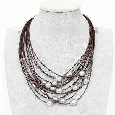 

Free Shipping>> new hot 17"-24" 13mm 15row gray pearls wine red leather necklace