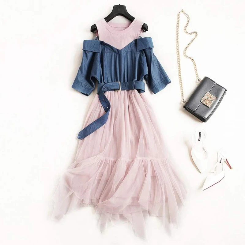 

Elegant Pink Mesh Patchwork Denim Dresses 2019 Summer Women's Girls Off the Shoulder Belt False Two Pieces Jeans Dress