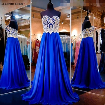 

Vestido de formatura longo 2021 new chiffon applique Off the Shoulder back line A line Royal blue prom dress real photo robe bal