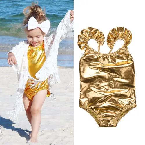 2018 Toddler Kids Baby Girls Gold Solid Simple Tankini Bikini Swimwear