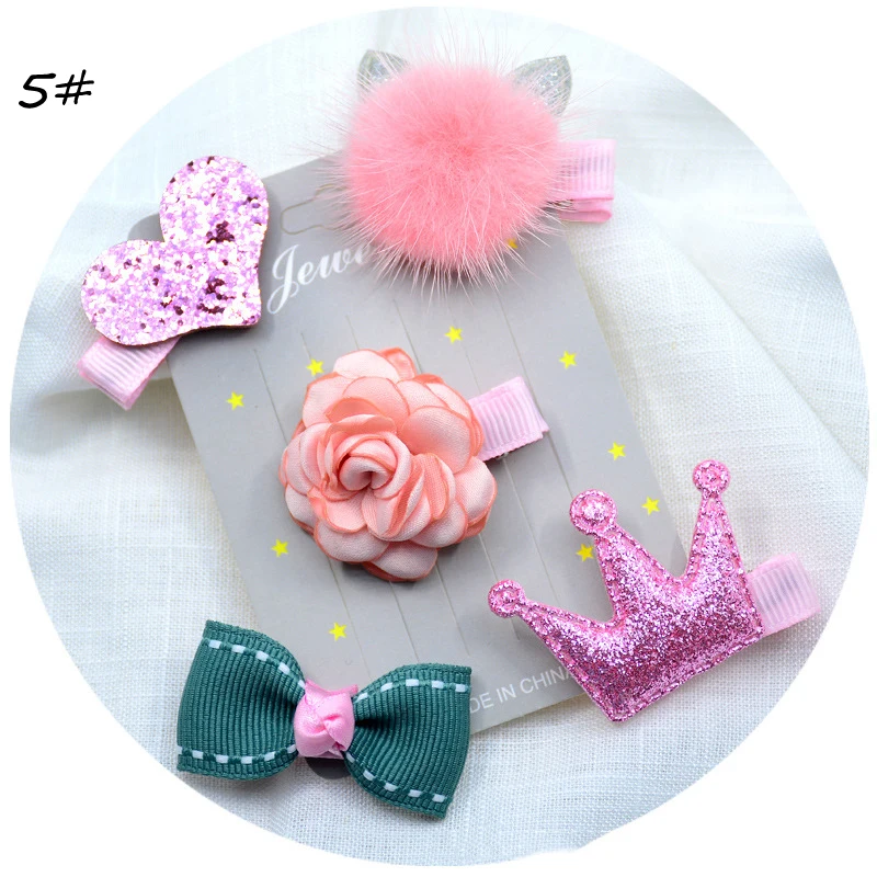 BalleenShiny/5 шт., блестящий бант корона головные уборы, комплект для детей, модные кружевные цветочные шпильки принцессы, меховая заколка для причёски - Цвет: T5