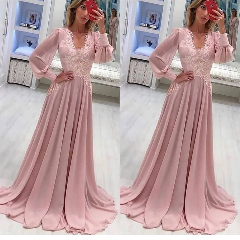 Arabic V Neck Evening Dresses Long Sleeve 2019 vestidos de fiesta de noche A Line Lace Chiffon Formal Women Prom Gowns