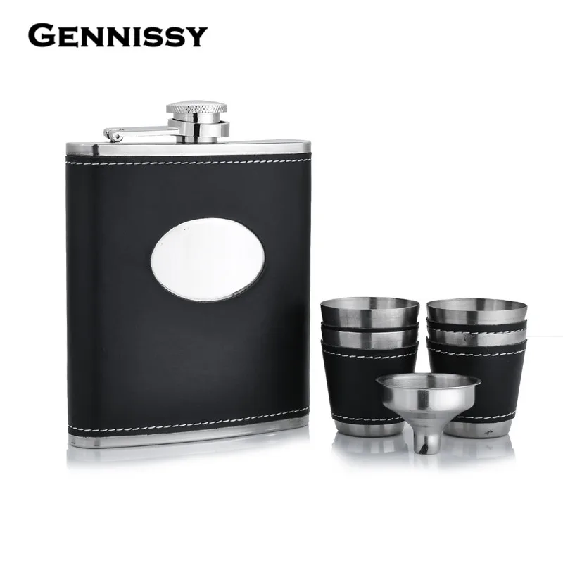 GENNISSY 7oz Black Leather Hip Flask Set Portable Stainless Steel