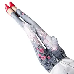 Бриллианты цветочной вышивкой Женские джинсовые брюки хлопковые узкие брюки 2019 Новые поступления Уличная Брюки-клеш с вышивкой