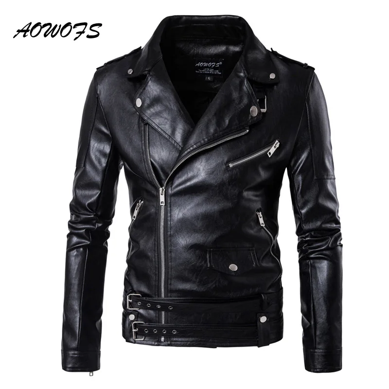 AOWOFS Spring Leather Jacket Men Turn Down Collar Mens