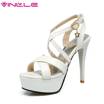 

VINLLE 2020 Platform Women Sandals Thin High Heel Sexy Peep Toe Summer Shoes Sandals Patent PU Ladies Slingback Shoes Size 34-43