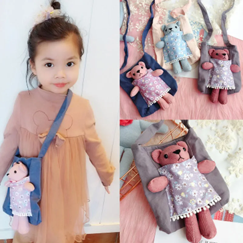 

New Korea Lovely Fabric Flower Fabric Bear Doll Necklace Bag for Children Girls Fashion Clothes Decoration Handmade Accessories