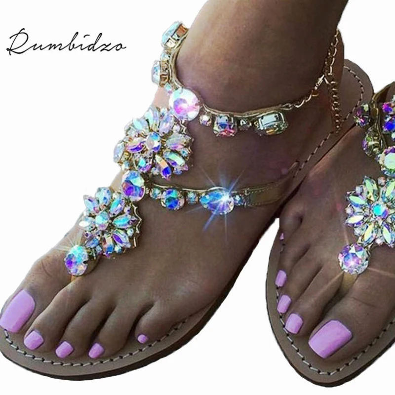 Rumbidzo 2018 New Bohemian Women Sandals Crystal Flat Heel Sandalias Rhinestone Chain Women Shoes Thong Flip Flops Zapatos Mujer new bohemian women sandal flat heel sandalias thong flip flops sapatos rhinestones chains thong gladiator casual sandals fashion