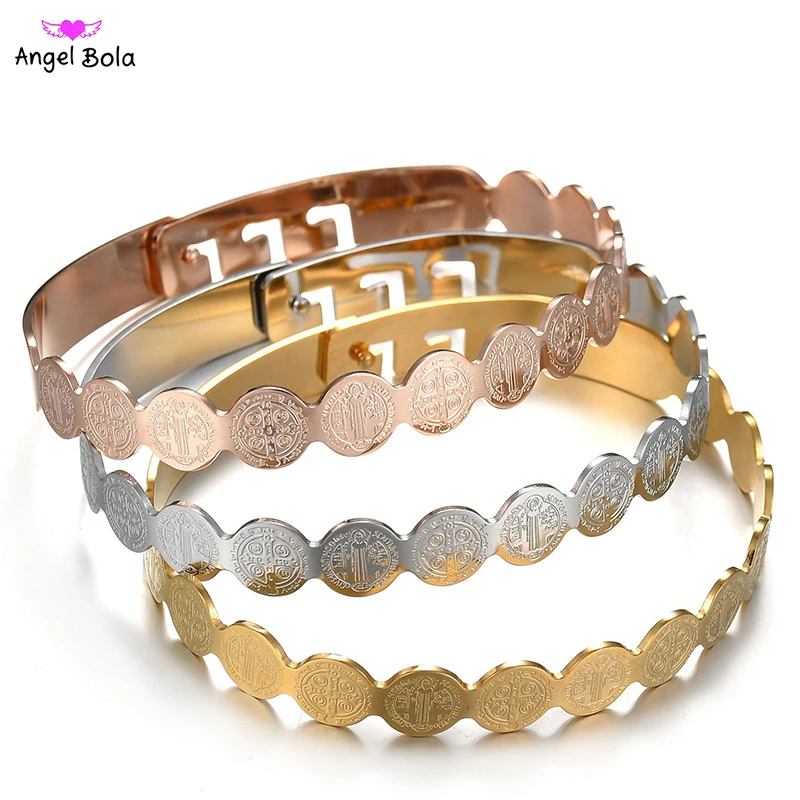 

3 Color Silver Gold Rose Gold Charm Bangle Circle Jesus Cross Stainless Steel Bangle&Bracelet for Women Vrouwen Armband