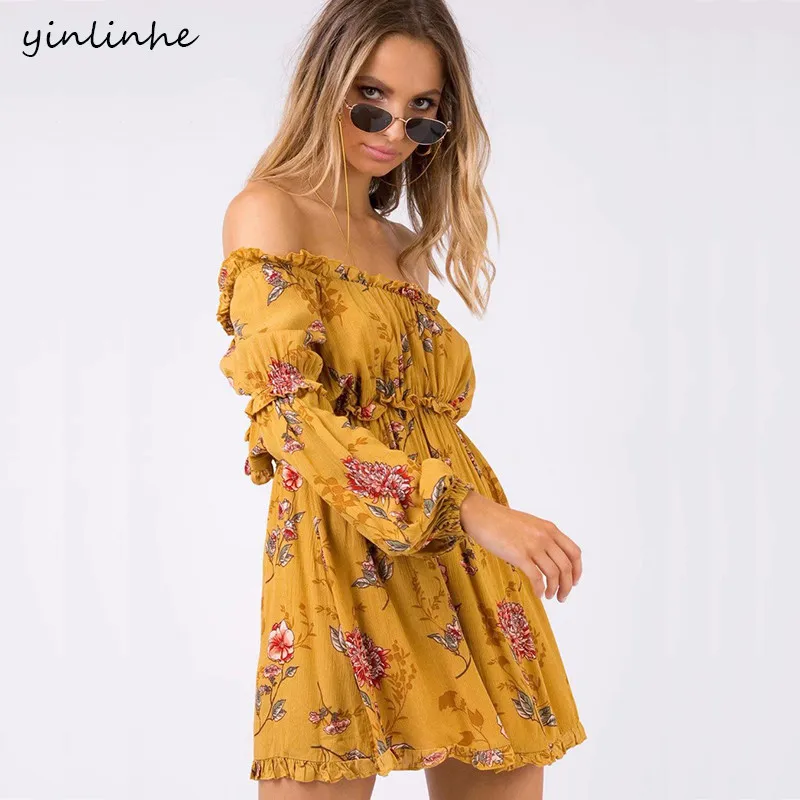 Женское пляжное платье yinlinhe желтое с открытыми плечами цветочным принтом и