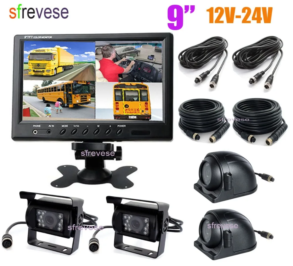 

4x 4Pin IR Car Front Side Rear View Reversing Backup Parking Camera + 9" LCD 1/2/3/4CH Quad Split Monitor for Bus Truck Motohome