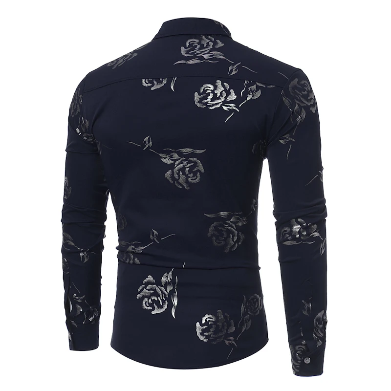 Роза Цветочный принт рубашка Для мужчин 2017 осень-зима Для мужчин рубашка с длинным рукавом Slim Fit Мужская рубашка Повседневное пуговицах Для