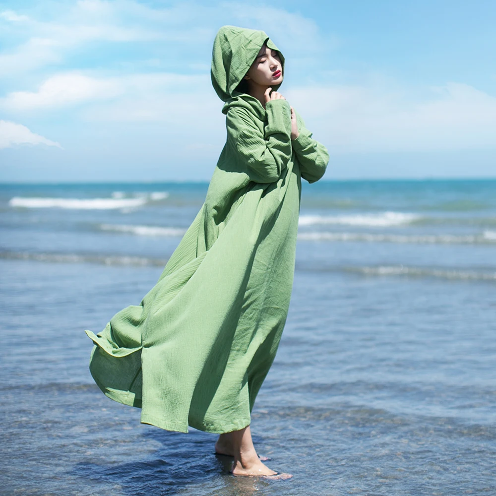 

MM047 New Arrival original vintage brief loose plus size hooded robe women long sleeve maxi cotton and linen dress autumn 2016