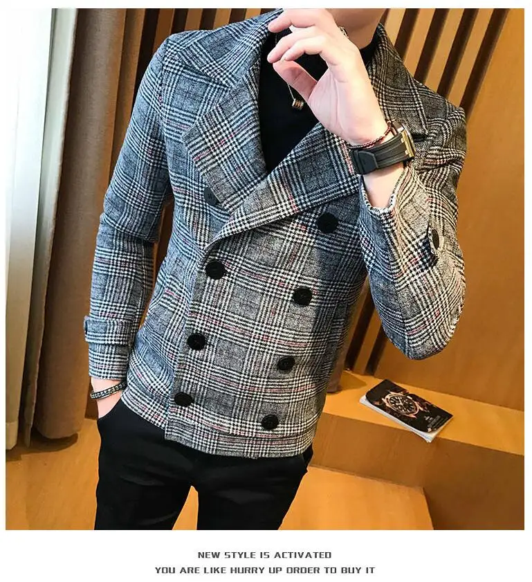 Мужское осеннее зимнее Новое корейское модное клетчатое толстое двубортное шерстяное пальто короткое приталенное черное пальто для мужчин