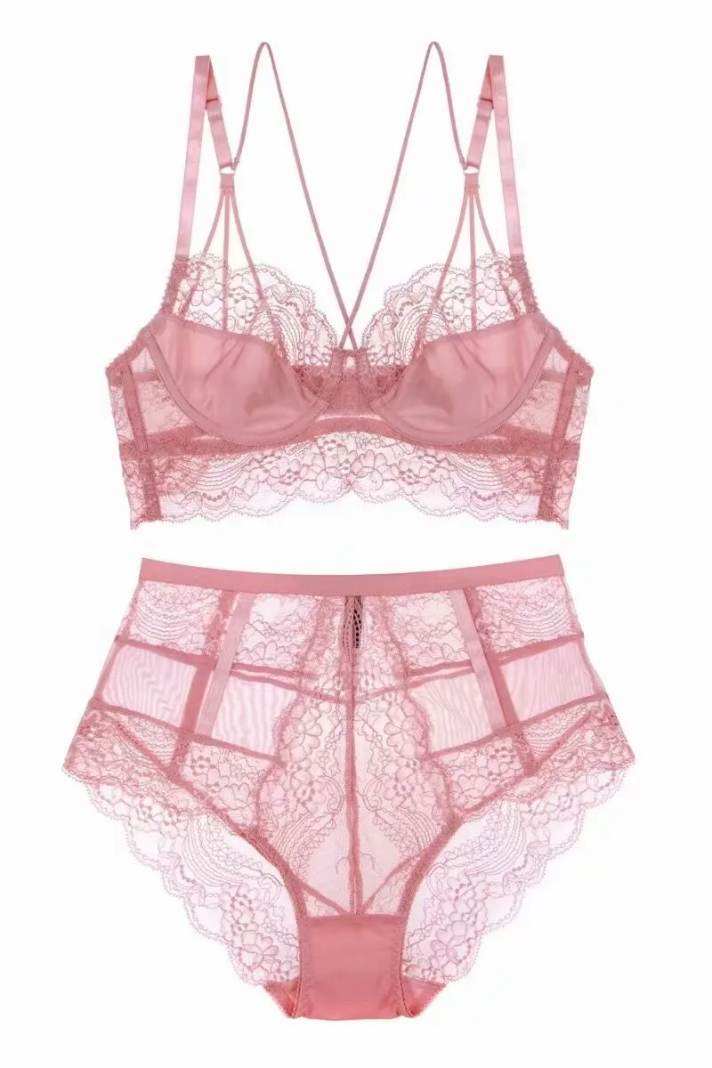 

High Waist Sexy Lingerie Ultrathin Gather Together Adjust Lace Beautiful Back Transparent Bra Set W8