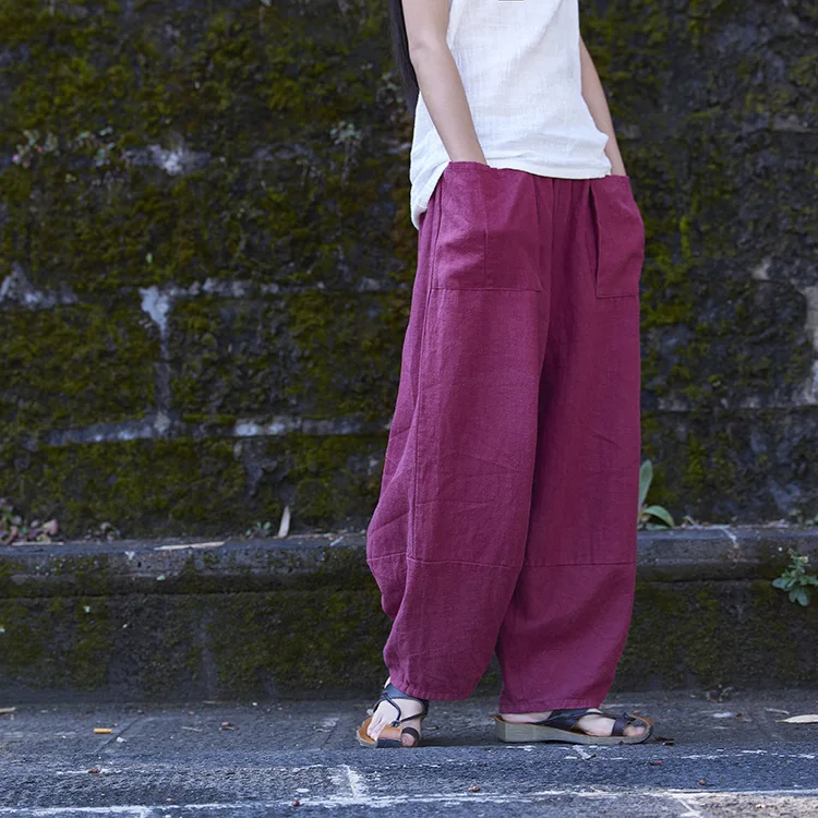 LZJN Baggy Pantalon Women Loose Ankle length Pants Linen Wide Leg Ladies Casual Sand Wash Summer Cool Baggy Trousers with Pocket (28)